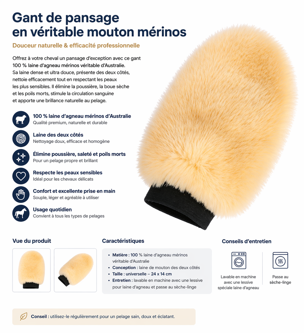 Gant de pansage en véritable peau de mouton mérinos australien